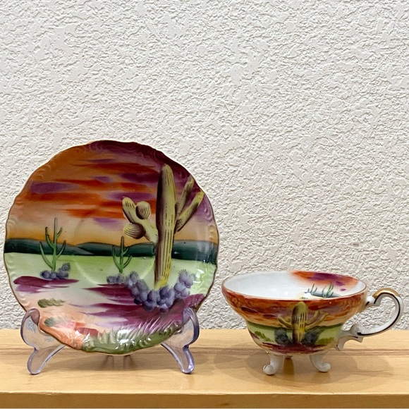 LEFTON Hand painted Southwestern Cactus Desert 3- footed Cup & Saucer Tea Set - Picture 2 of 13